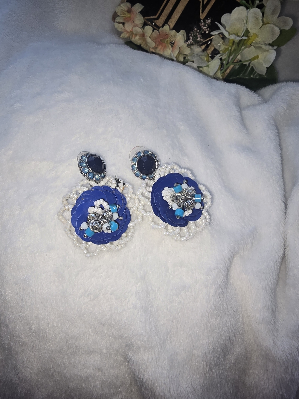 Blue Floral Beaded Drop Earrings - Women Jewelry